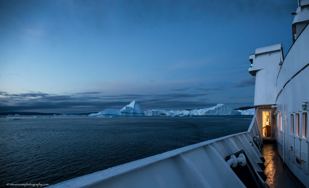  We had a barbecue on deck one evening the Captain moved us around through the icebergs with the thrusters it was spectacular light as the sun set in Disko Bay an evening never to be forgotten.