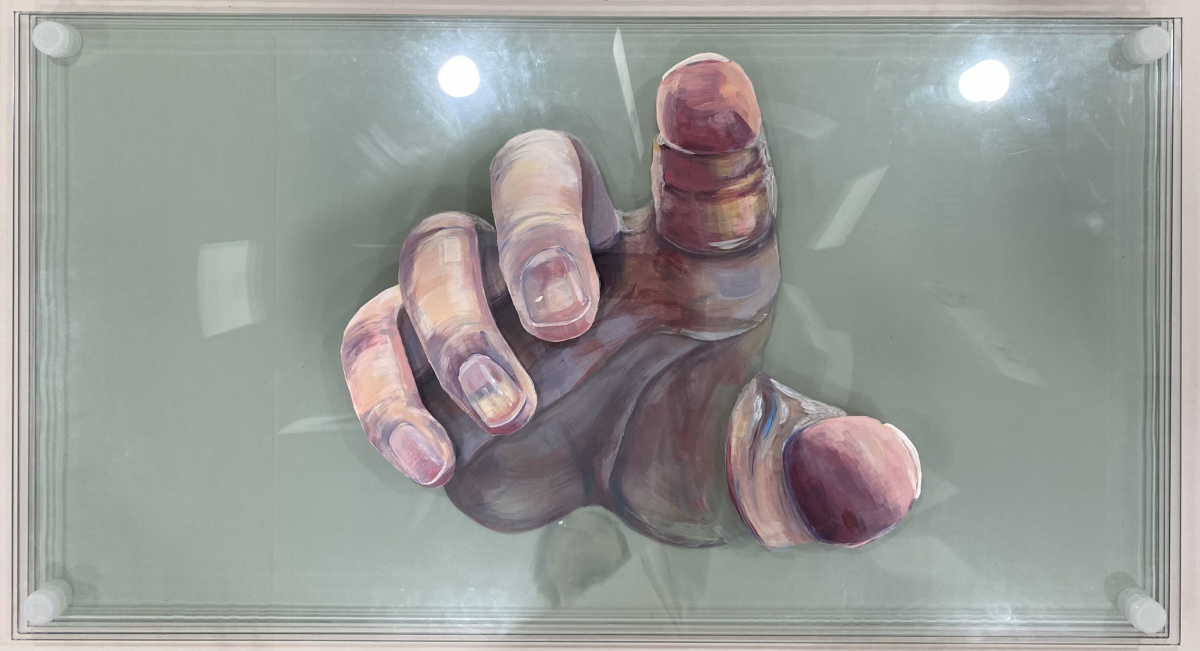 Painting of a hand pointing to the observer