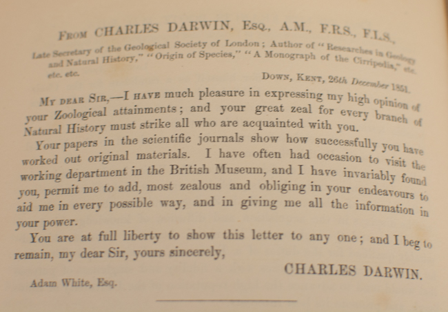 A testimonial from Charles Darwin about Adam White. Photo by Dorea Reeser