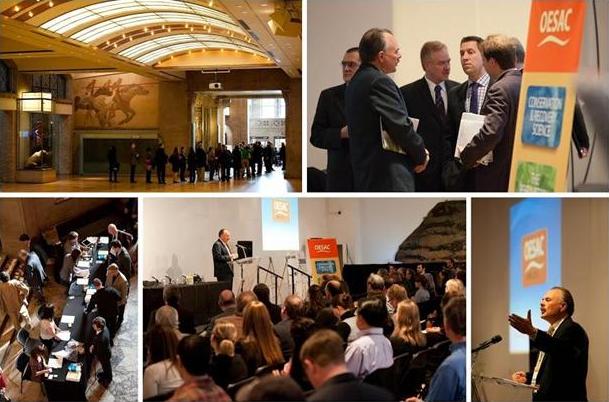 Montage of officials touring, meeting, and discussing species at risk at the ROM.