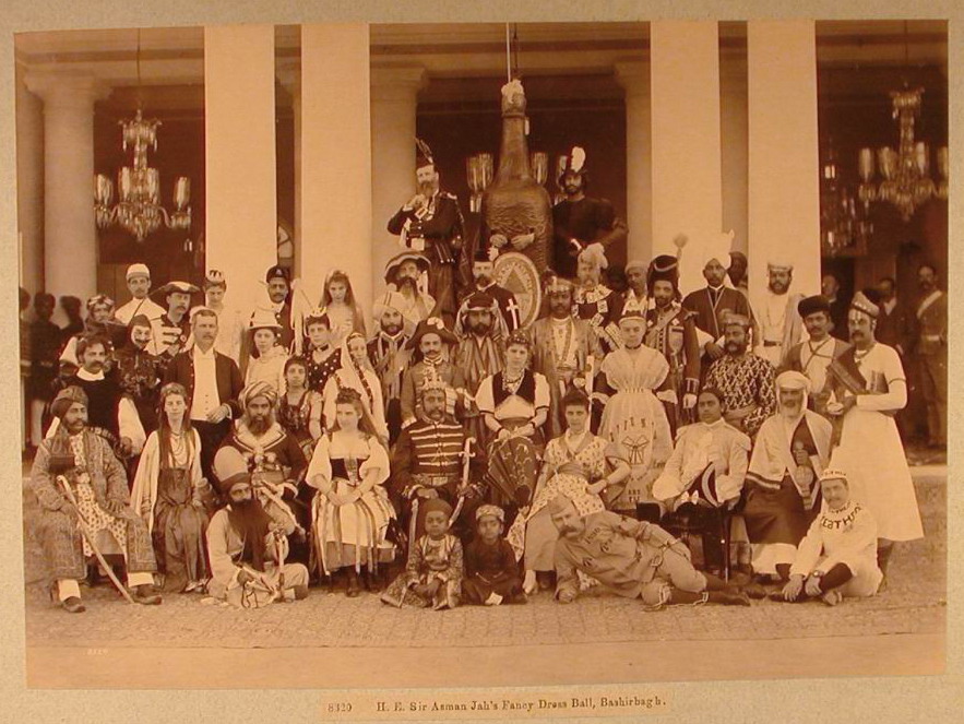 Sir Asman Jah and Fancy Dress Ball Guests, Bashir Bagh Palace, February 1890, Albumen print