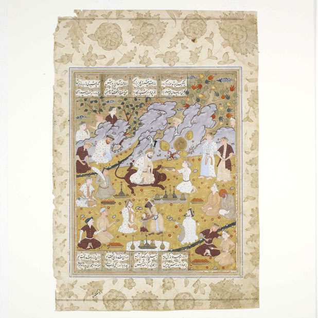 Dispersed page from illustrated Shahnama manuscript. The miniature depicts the first mythical king of Iran, Gayumard, enthroned and surrounded by his courtiers (opaque water-colour, ink, and gold on paper)