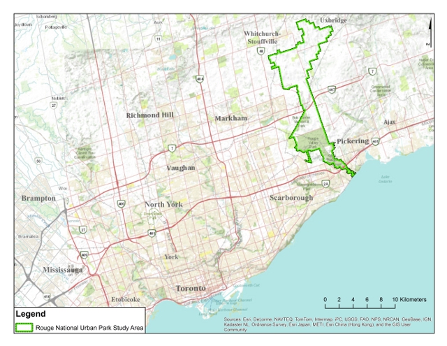 A Map showing the outline of Rouge National Urban Park within its context in the Greater Toronto Area. Image courtesy of Parks Canada