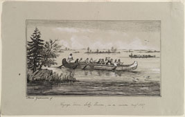 “Voyage down Lake Huron, in a Canoe” Anna Jameson Proof etching, grey wash, heightened with gouache, and pen & ink ruled border, on gray wove paper, 1837-38 ROM960.176.10 Gift of Dr. Sigmund Samuel