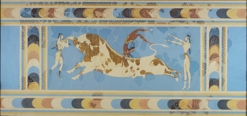 A reproduction of the 'Bull Leaper' fresco from the Palace at Knossos, Crete