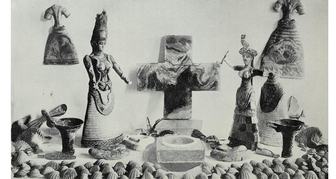 Shrine of the snake goddess as arranged by Evans, Palace of Minos vol. 1 (1921)