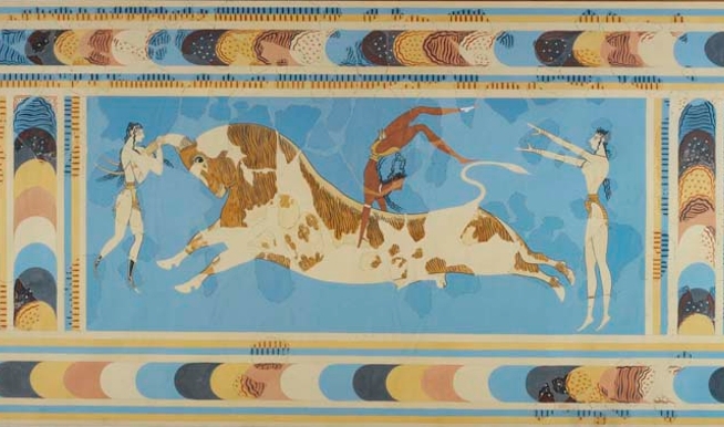 The ‘Taureador’ Fresco, from Knossos in a watercolour reproduction by Piet de Jong, based on reconstruction by Emile Gilliéron (père) (ROM image)