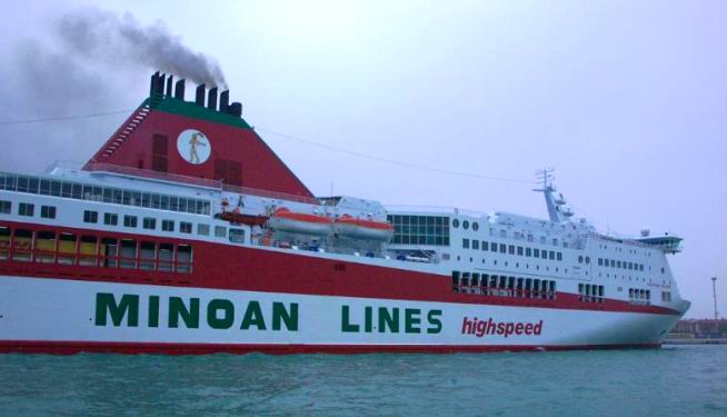 Minoan Lines Ferries use the Priest-King, a fresco from Knossos, as their logo, seen here on the chimney. (c) FreeFoto.com