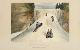 “Coming down is easier but more dangerous” No.3 from A Picnic to Montmorenci Alice Killaly . Chromolithograph in brush, crayon, and pen on wove paper,Printed by Roberts & Reinhold, Chromo- 1868 Lith Published by George EROM960x276.94. Desbarats, Ottawa., Montreal  