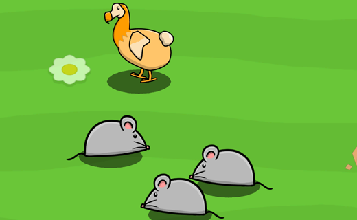 a dodo stands on a green field surrounded by rats