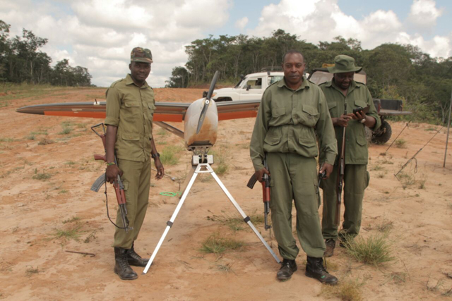 Anti-poacher units use surveillance drones to track poachers in national parks and reserves. This model from a Tanzanian drone company can identify people from up to 15,000 feet. Photo provided by Bathawk Recon