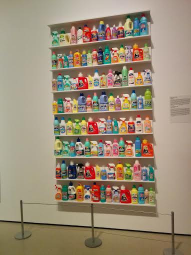 Photo of an art installation made of cleaning supply bottles