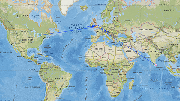 Map showing the distance being travelled for the trip to Sri Lanka
