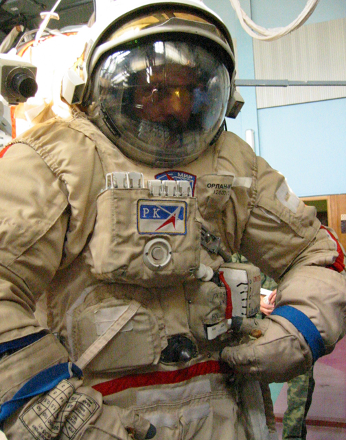 Photo of Col. Chris Hadfield outfitted in a Russian Orlan spacesuit
