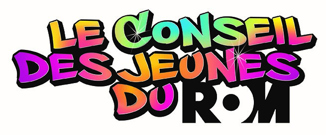 Logo du Conseil des jeunes du ROM : texte multicolore ressemblant à un graffiti