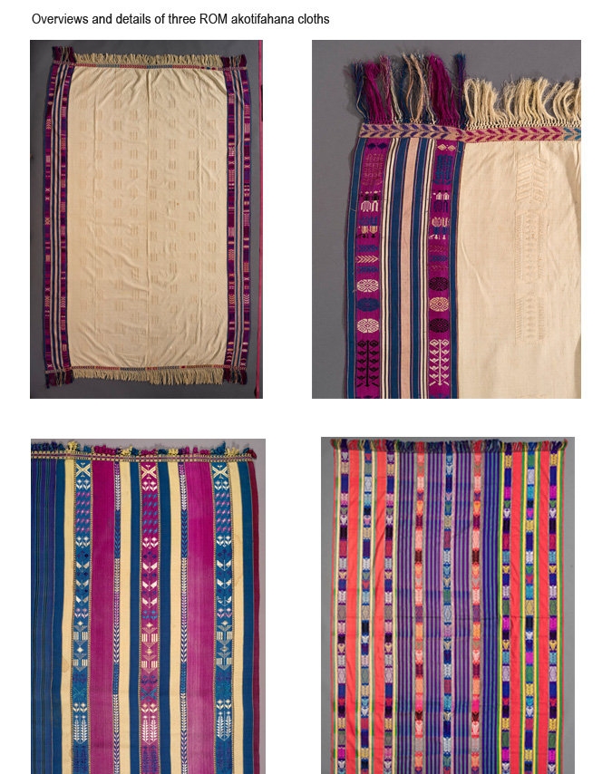 Overviews and details of three ROM akotifahana cloths