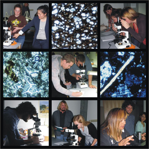Ceramic petrology workshop participants & thin-sections of actual ceramics - photos by David Brantley, Holley Moyes & Kay Sunahara