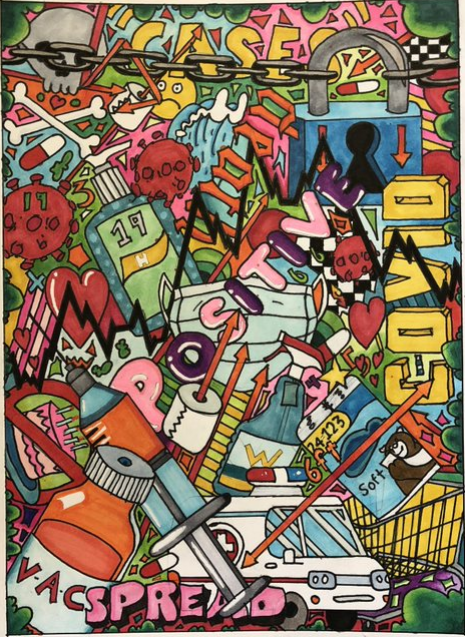 Colourful graffiti-style painting depicting coronavirus imagery.