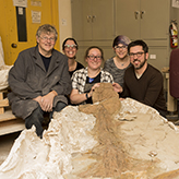 Photo of five people behind the tail specimen