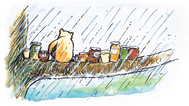 Gravure au trait de Winnie l'ourson assis sur une branche d'arbre avec des pots de miel.