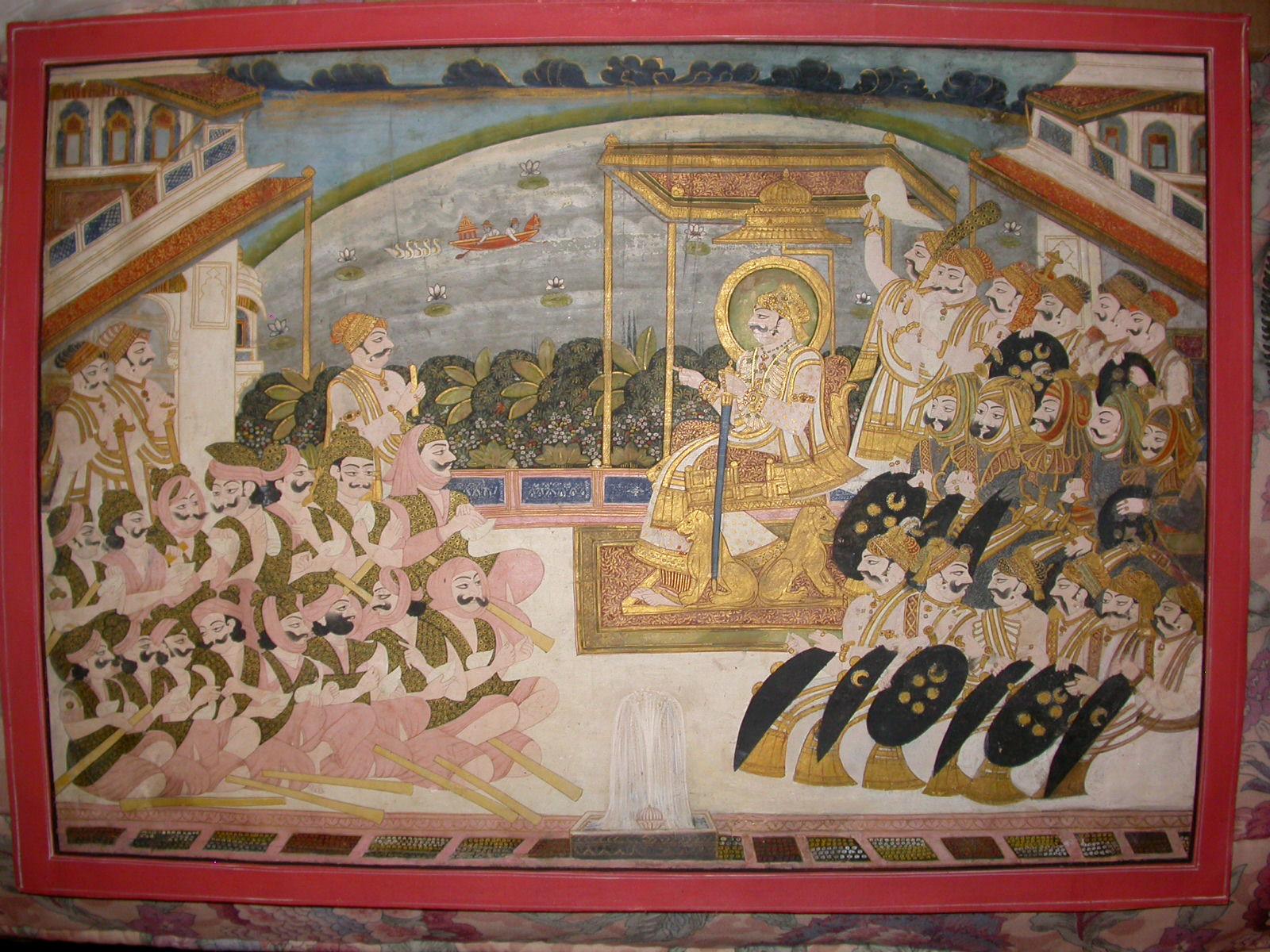 A painting showing a maharaja sitting on a terrace in front of a garden and lake surrounded by nobles, courtiers, and warriors.