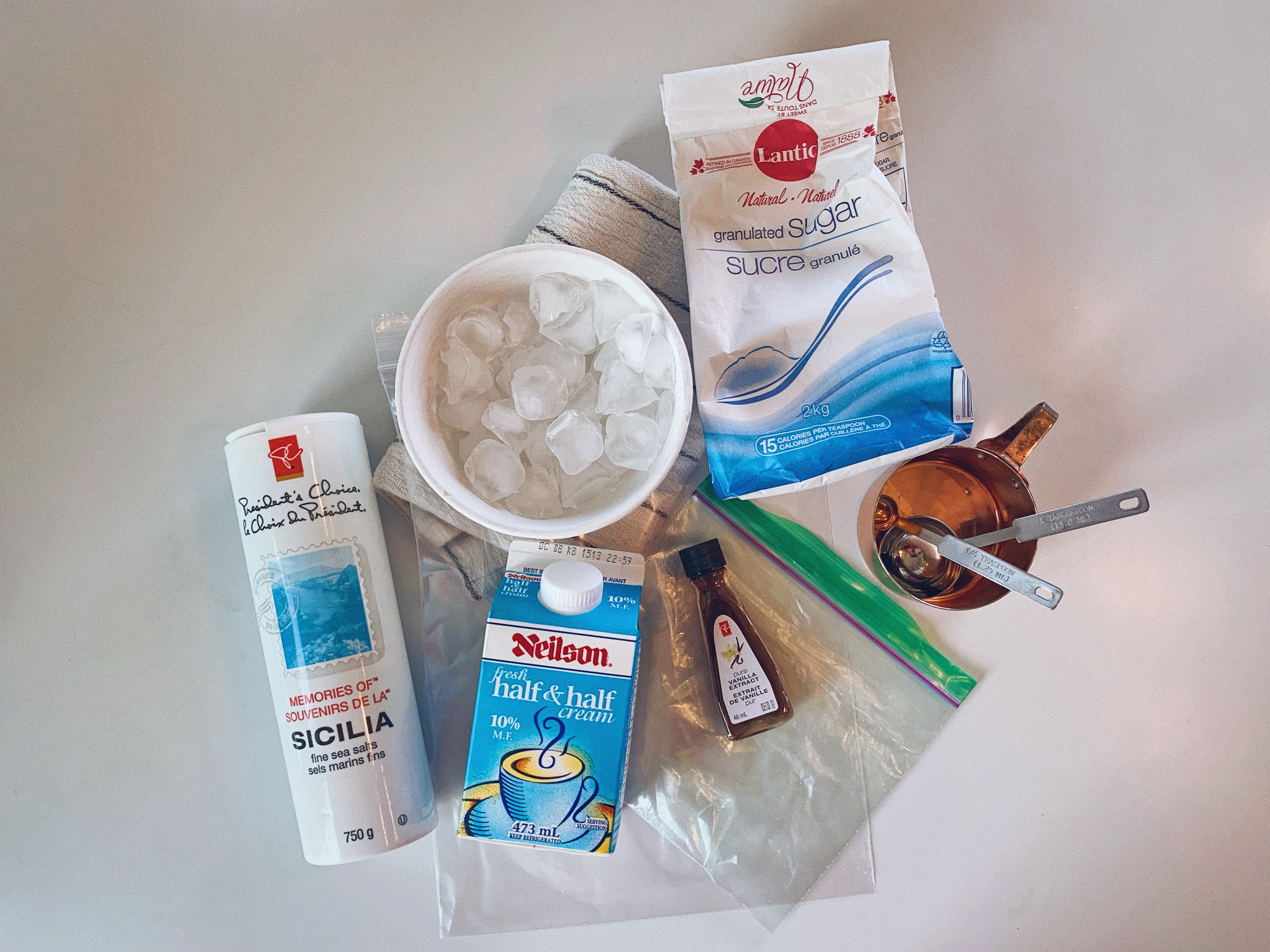 Materials for ice cream in a bag.