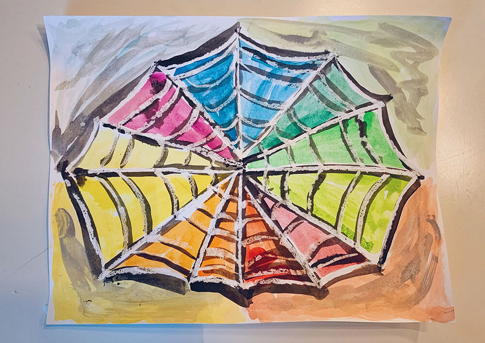 Step 1 and 2—pastel drawing of spider web.