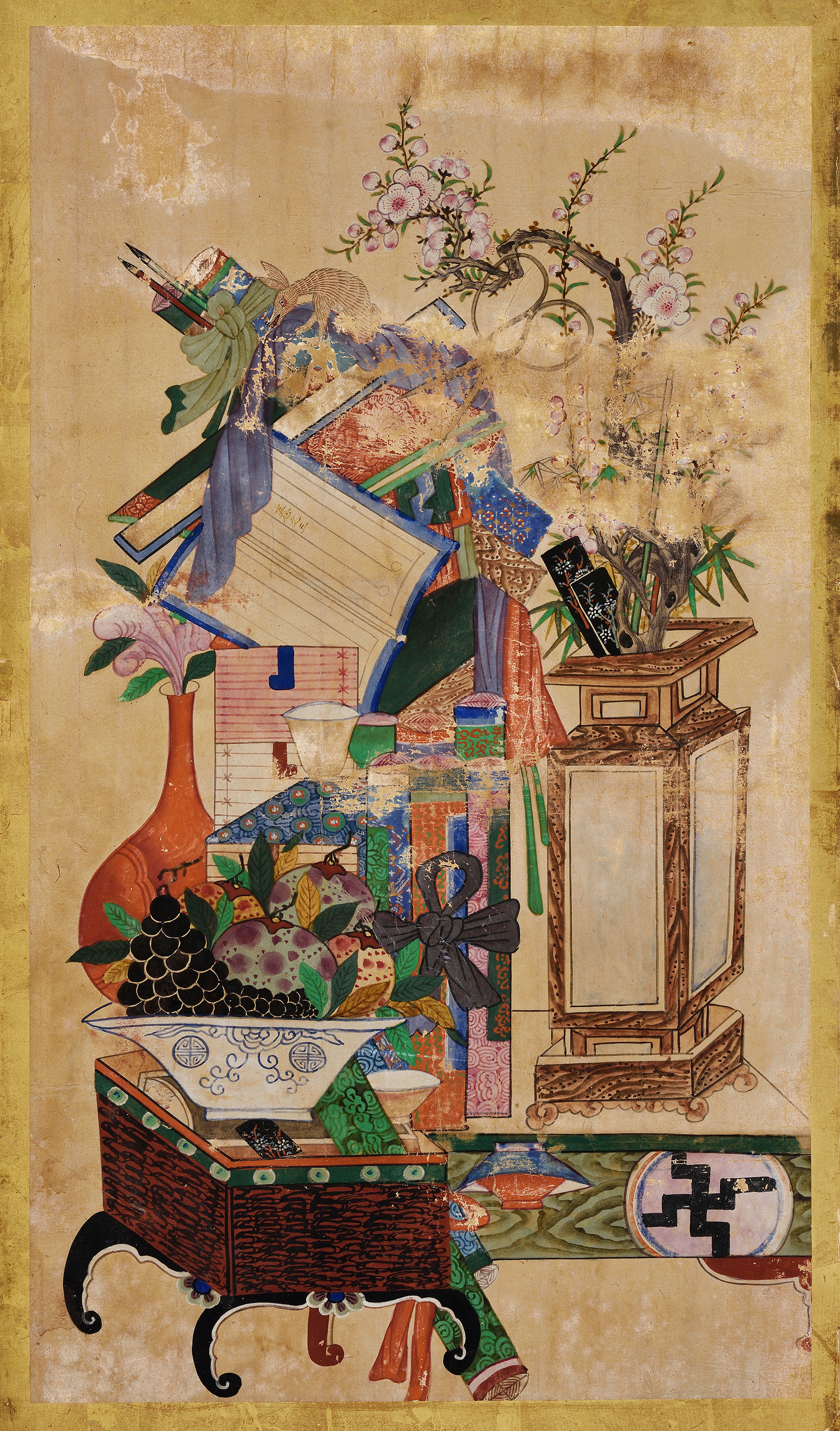 Late 19th century Joseon Dynasty Korean six-panel folding screen with image of stationary utensils, 995.38.1. © ROM and Gift of Mary Anne and Chris Miller.