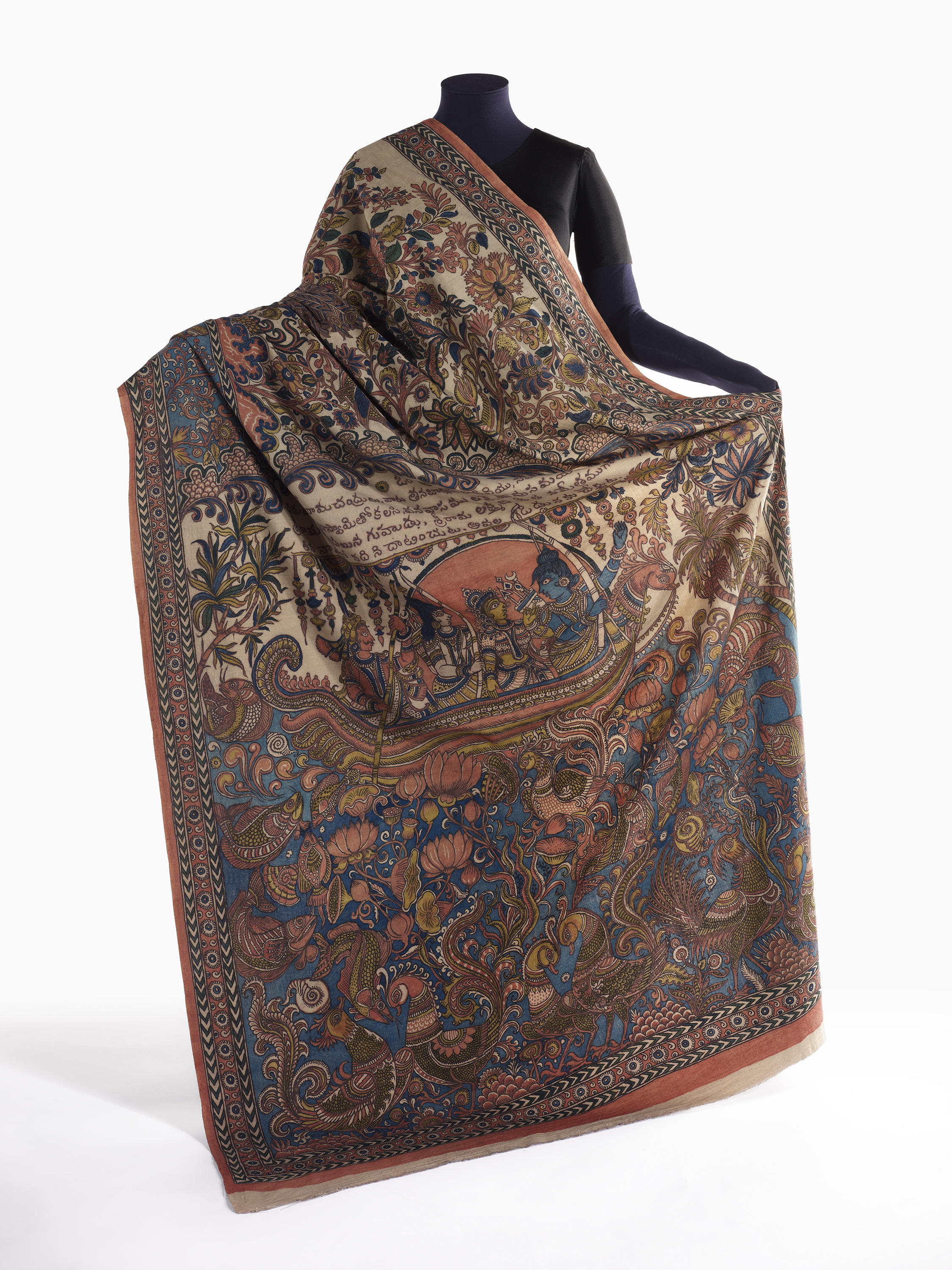 Woman's sari with scenes from the epic poem the Ramayana, design and painted by M. Kailasham, chintz, Hyderabad (Telangana), India, 2018, 2019.57.1. © ROM. This acquisition was made possible with the generous support of Patricia Sparrer.