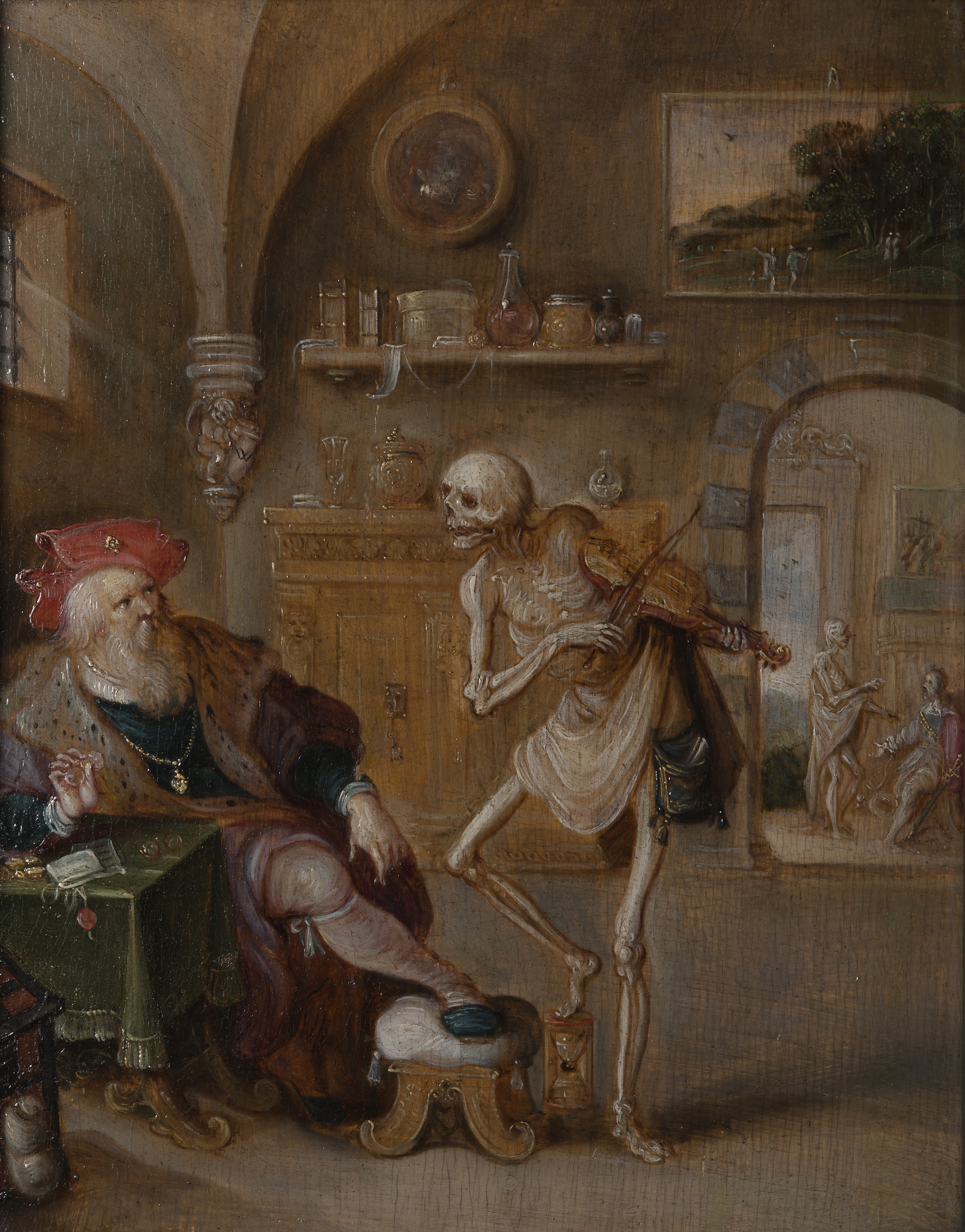 A seated merchant, in rich robes and red hat, recoiling from a skeleton playing a violin before him with one foot on an hourglass.