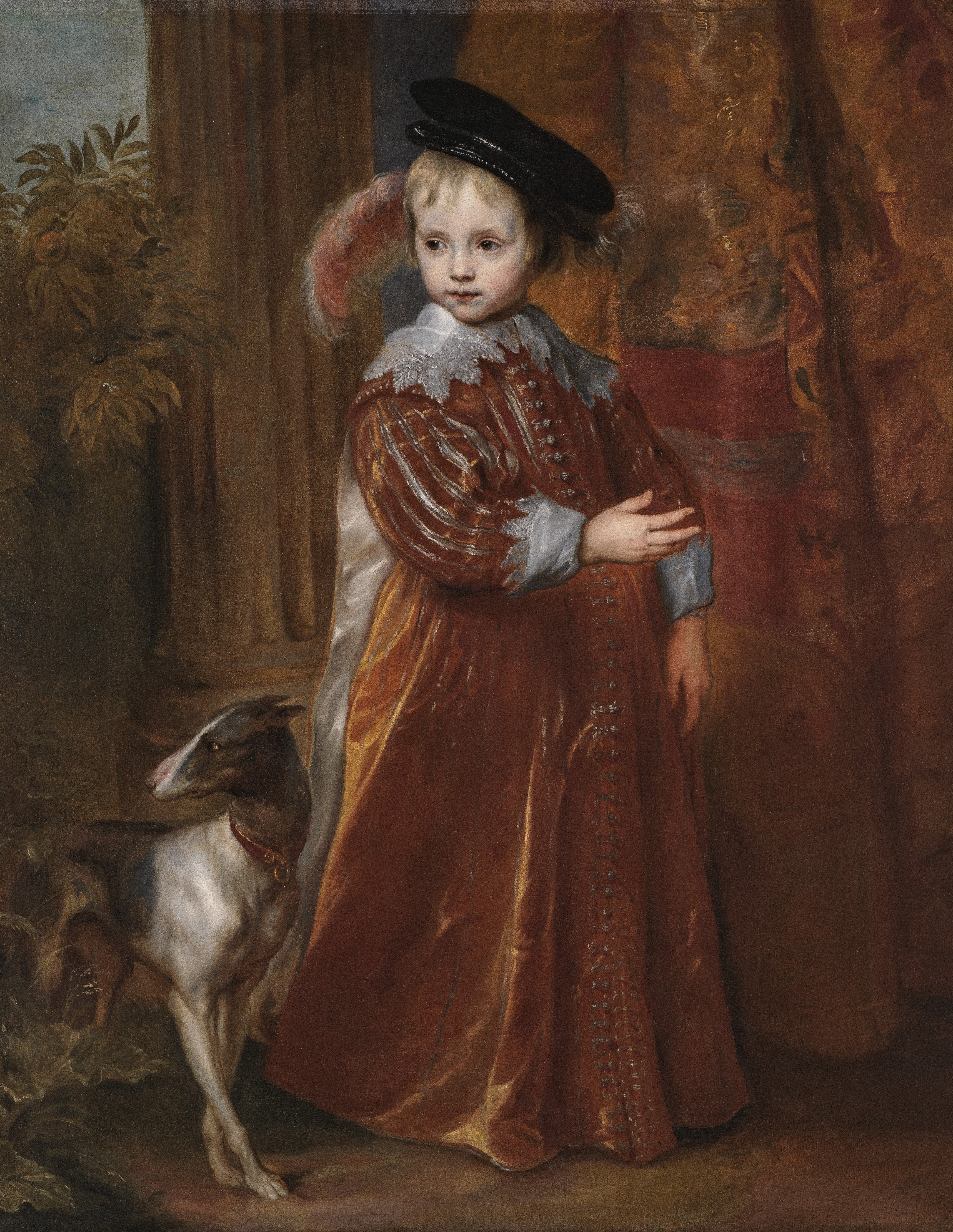 Prince Willem II of Orange as a child, dressed in adults robes and standing before a curtain with a dog seated at his feet.