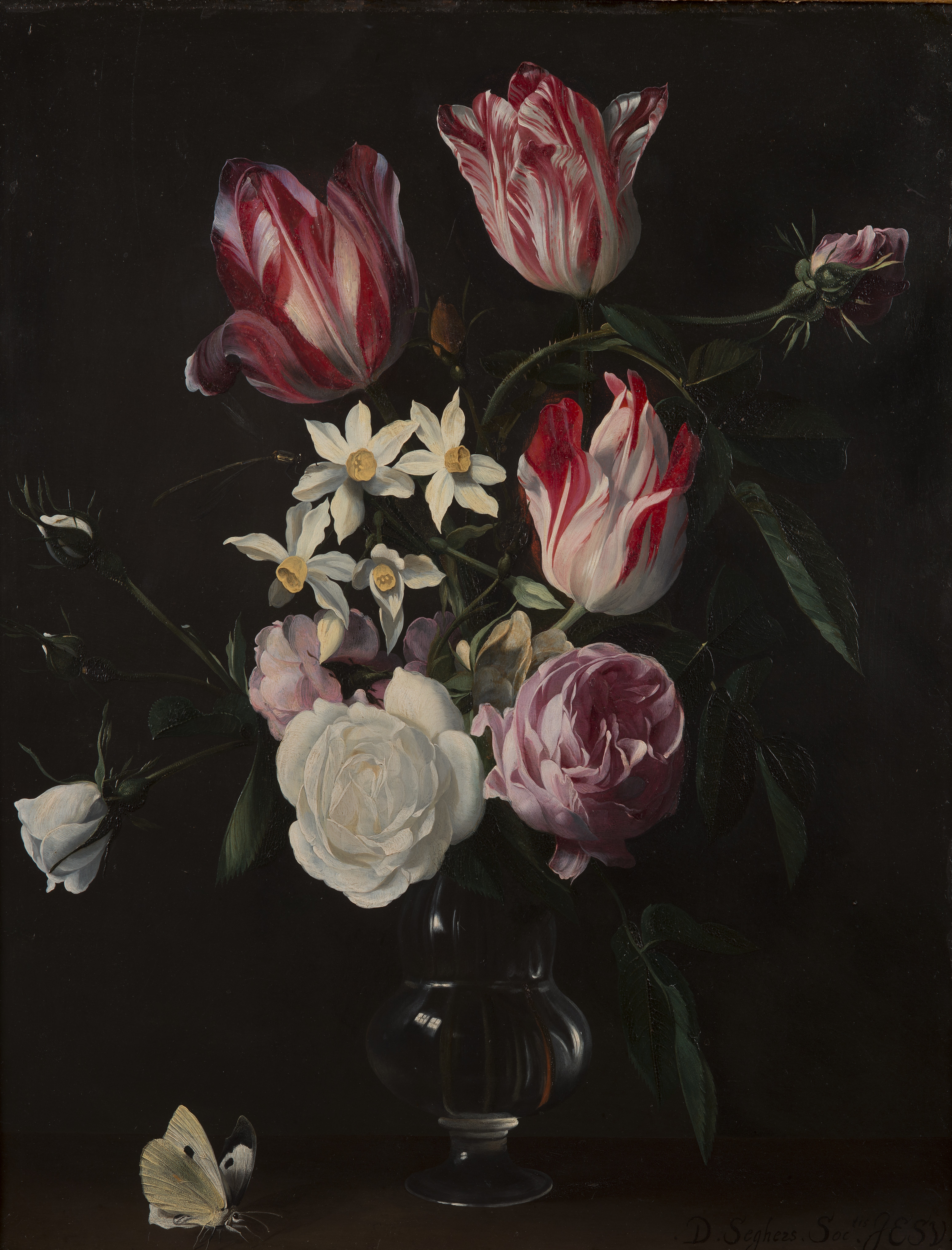 Still life painting of pink and white roses, tulips and narcissi in a vase on a black background