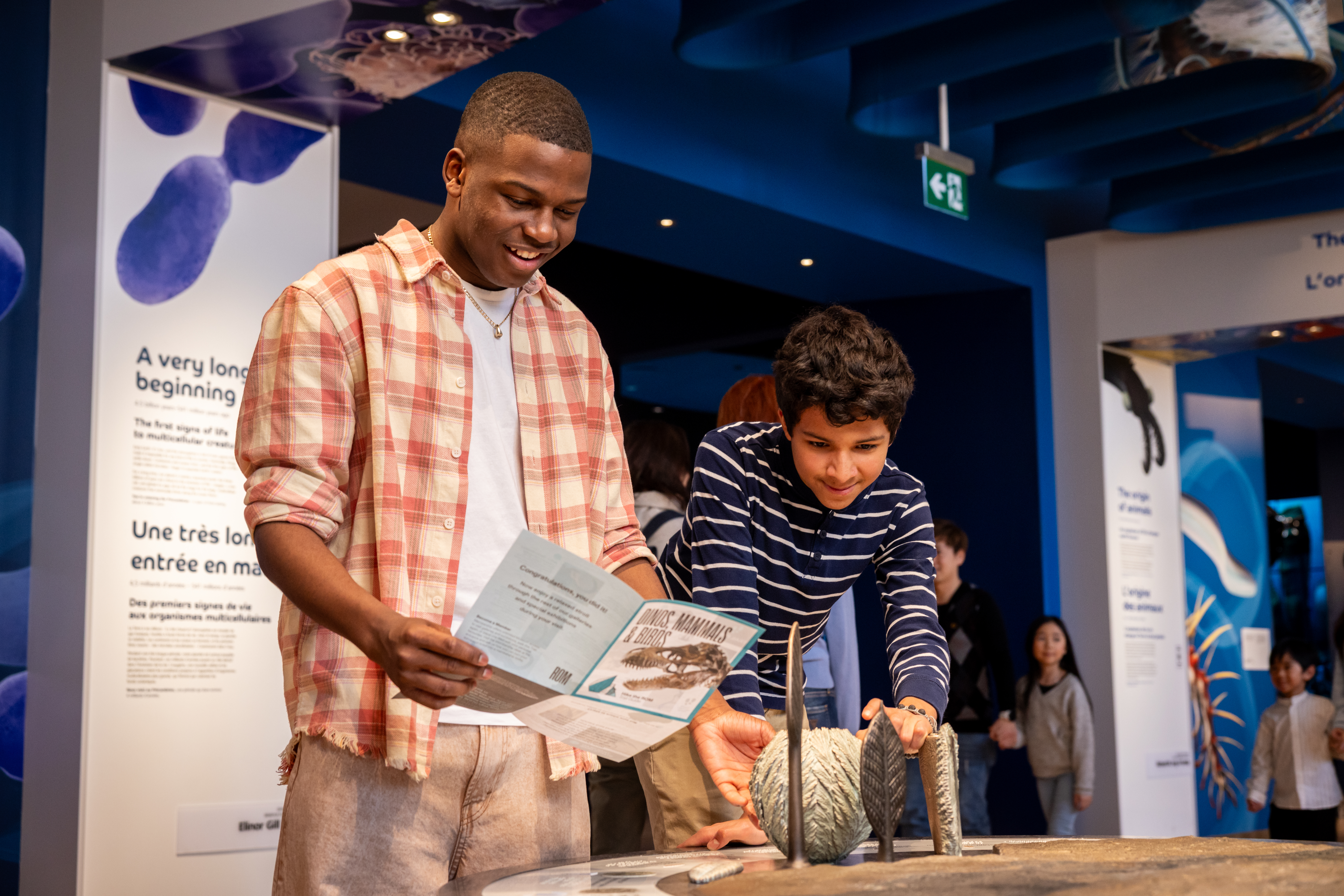 Two teenagers examine a display of ancient life