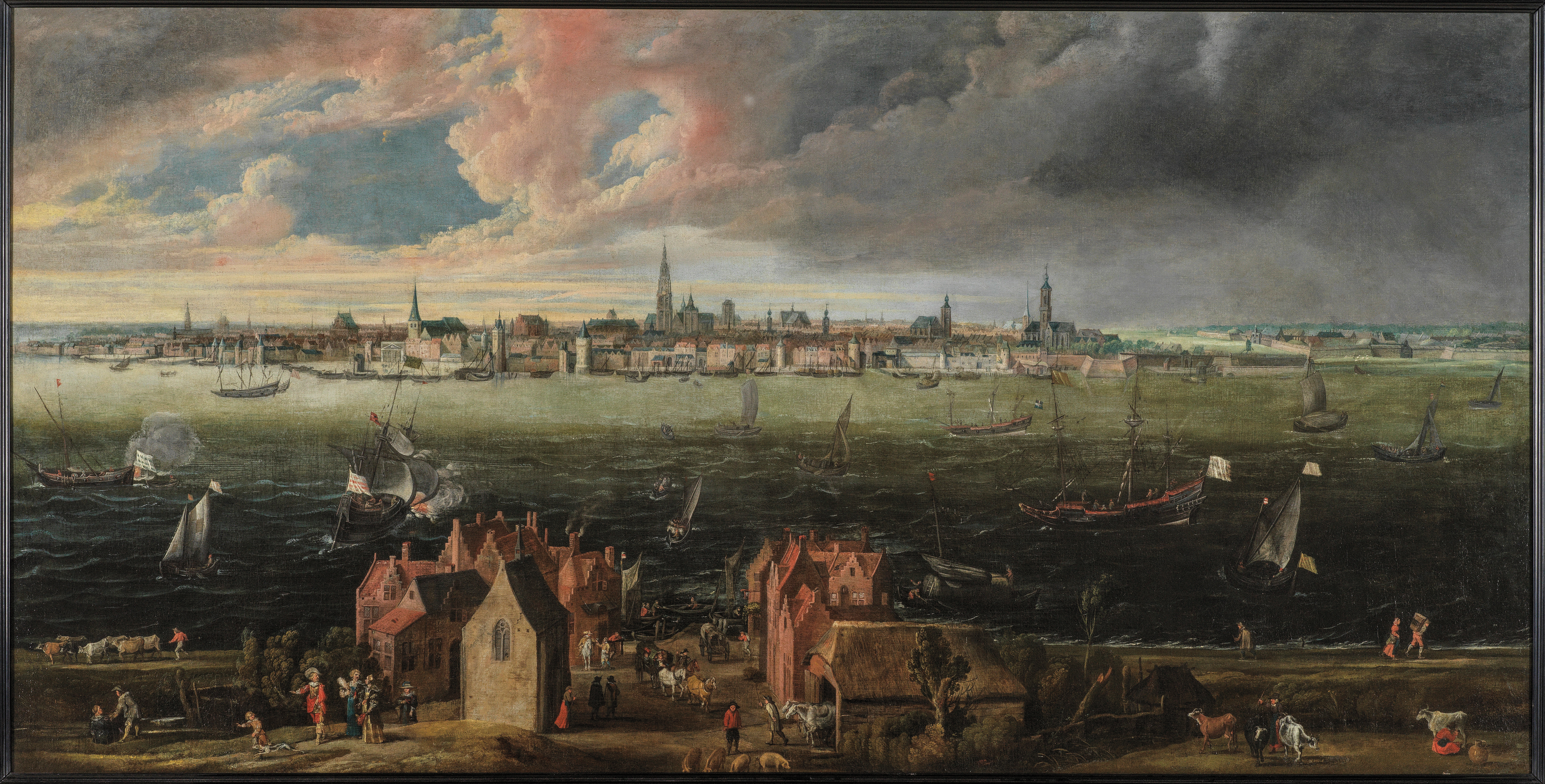 Panoramic view of the city of Antwerp across the River Scheldt