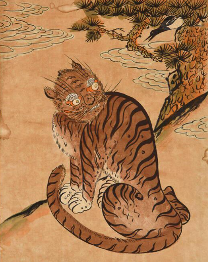 A stylized painting of a tiger under a tree with a magpie in the branches