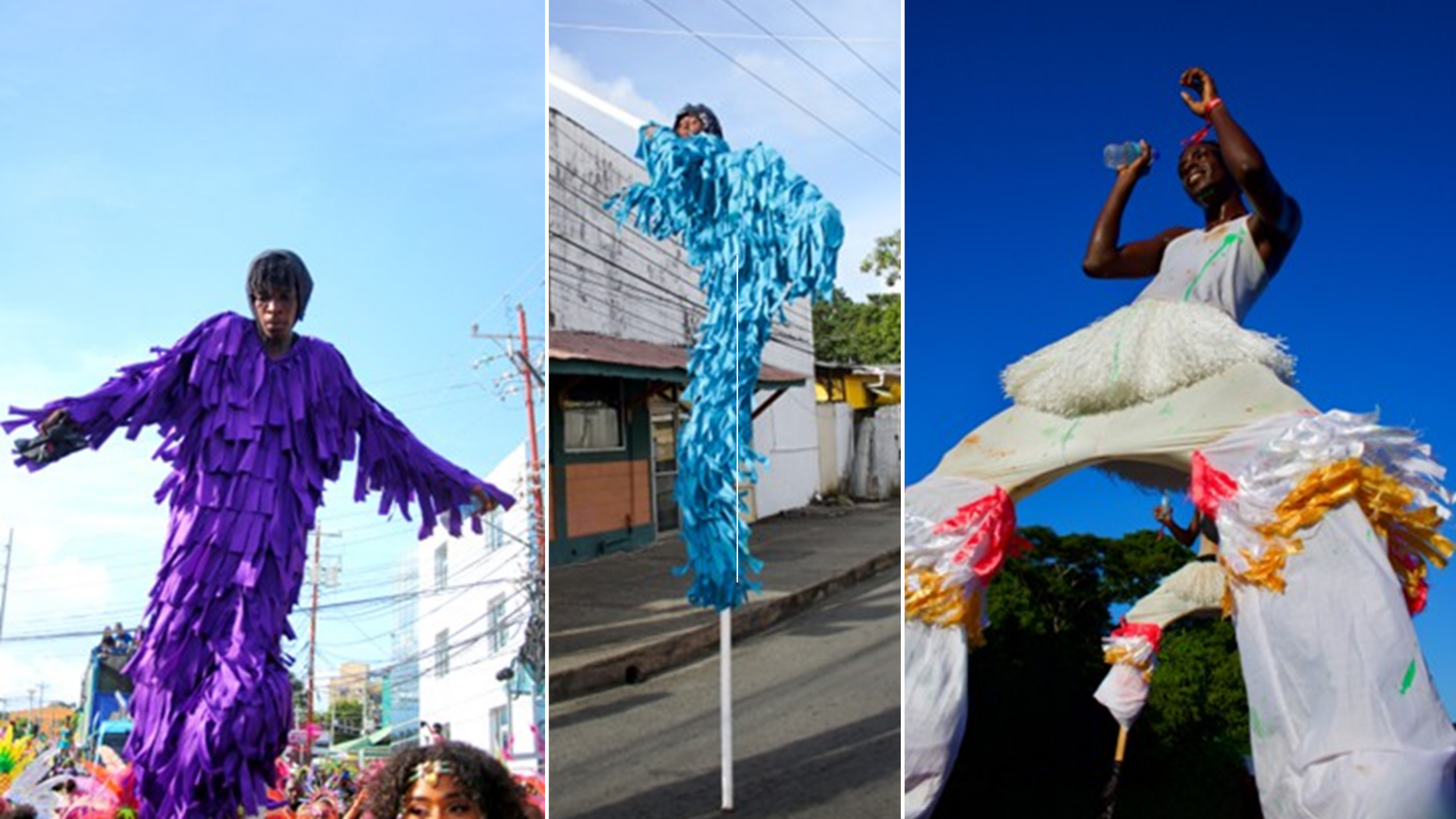 A composite image of black dancers in fringed outfits dancing on stilts. On the left is a dancer in a purple fringed outfit, in the centre is a dancer in a blue fringed outfit, and on the right is a dancer with a white fringed outfit accented in orange.