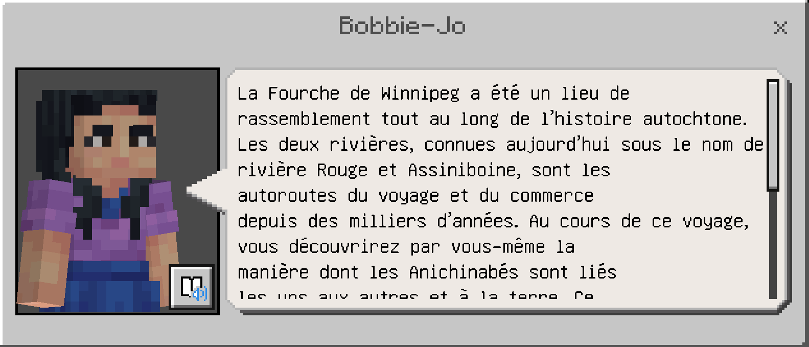 French dialogue A screenshot of a dialogue bubble showing a character portrait and a French name and text