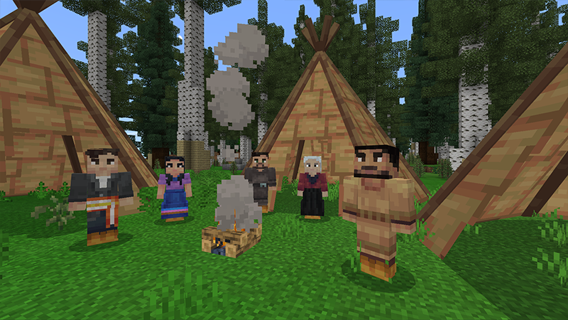 A Minecraft screenshot of several characters in Indigenous dress standing around a campfire in front of wigwaams.
