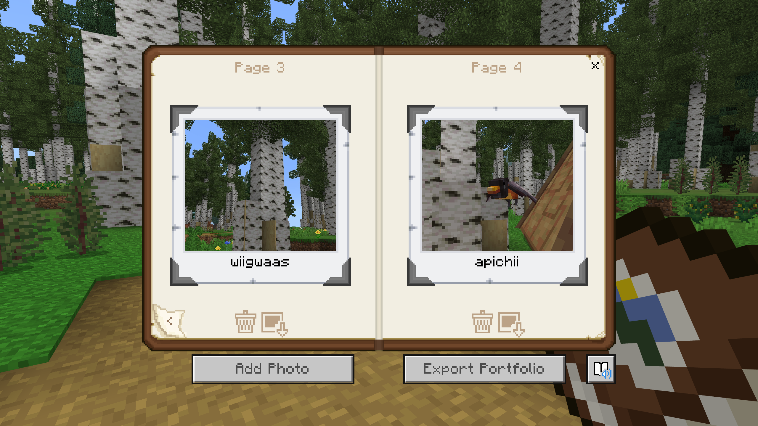 A Minecraft screenshot shows an open book with two polaroid pictures. One picture shows a birch tree with the caption wiigwaas. The other shows a robin with the caption apichii