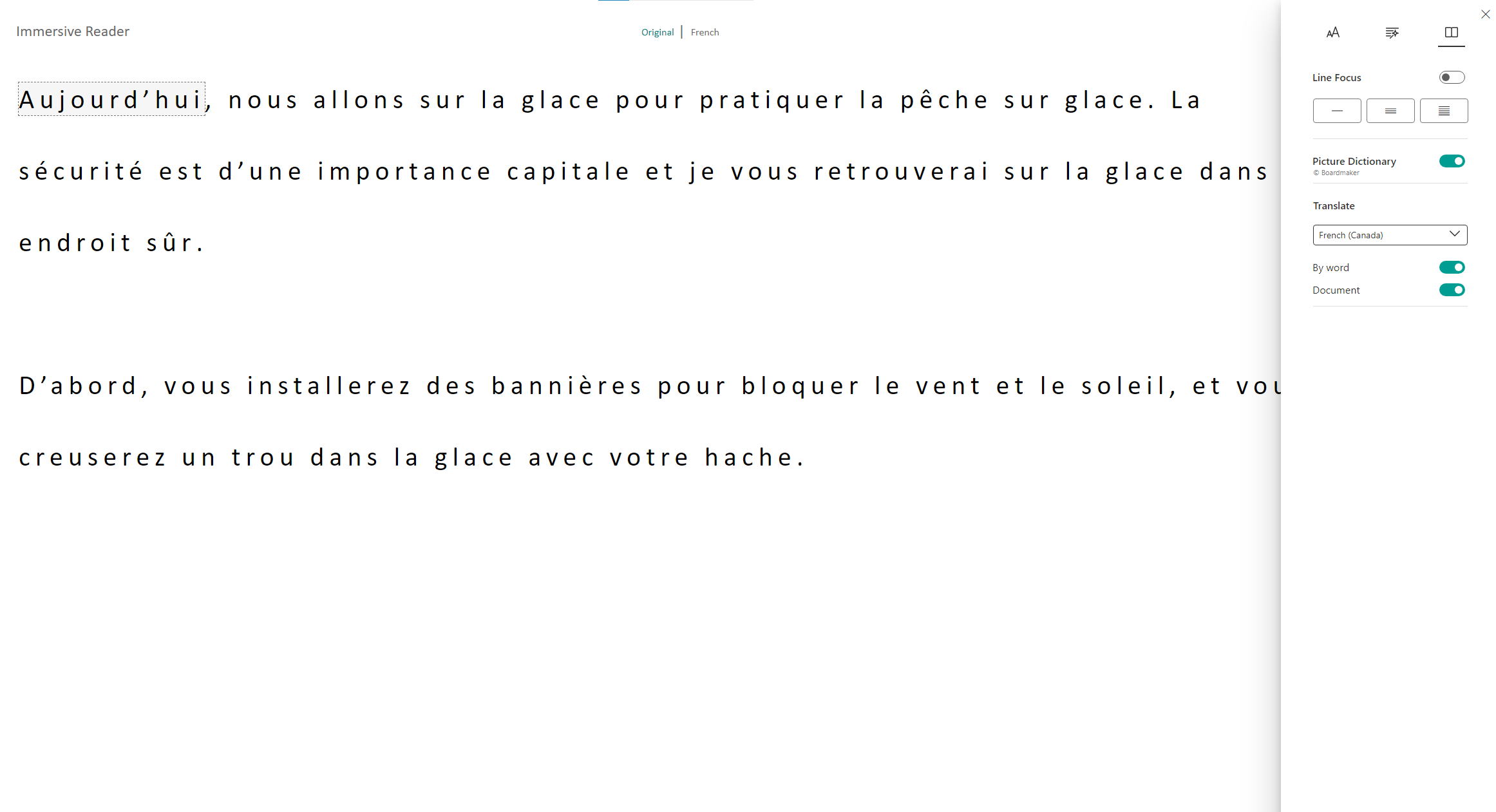 A screenshot of the Immersive reader translation of a Minecraft dialogue bubble in to French.
