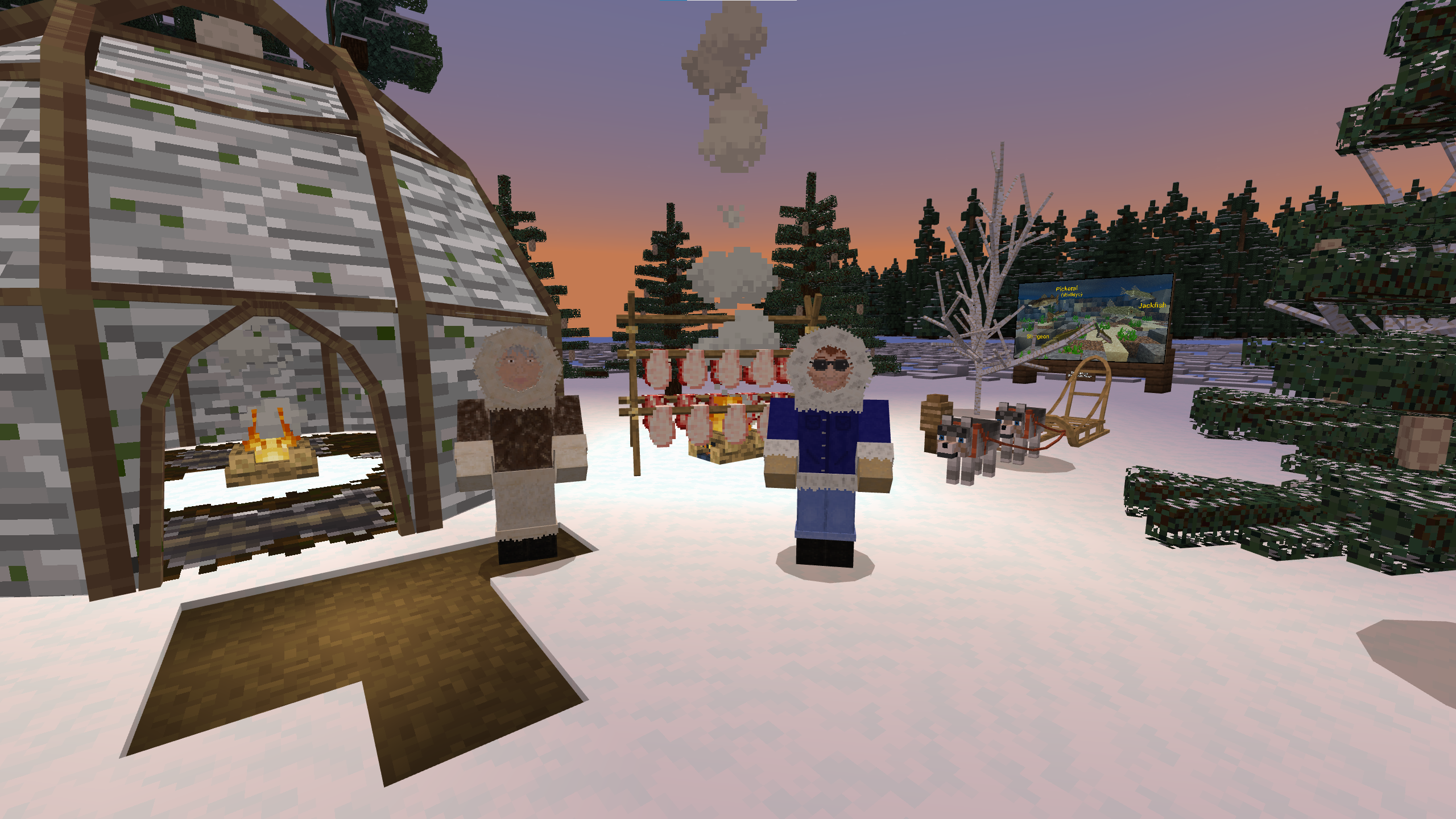 A Minecraft screenshot of two men in furry parkas standing in a snowy forest next to a wigwam made of birch bark. 