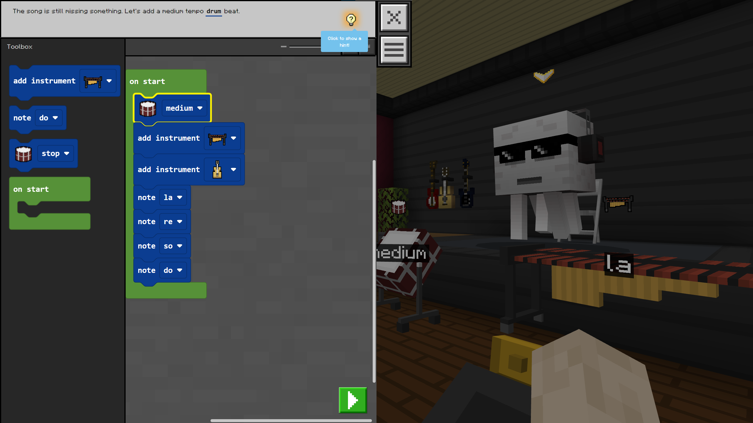Coding a Song A Minecraft screenshot shows a window with code to play a song, superimposed over a ghast wearing sunglasses on a stage