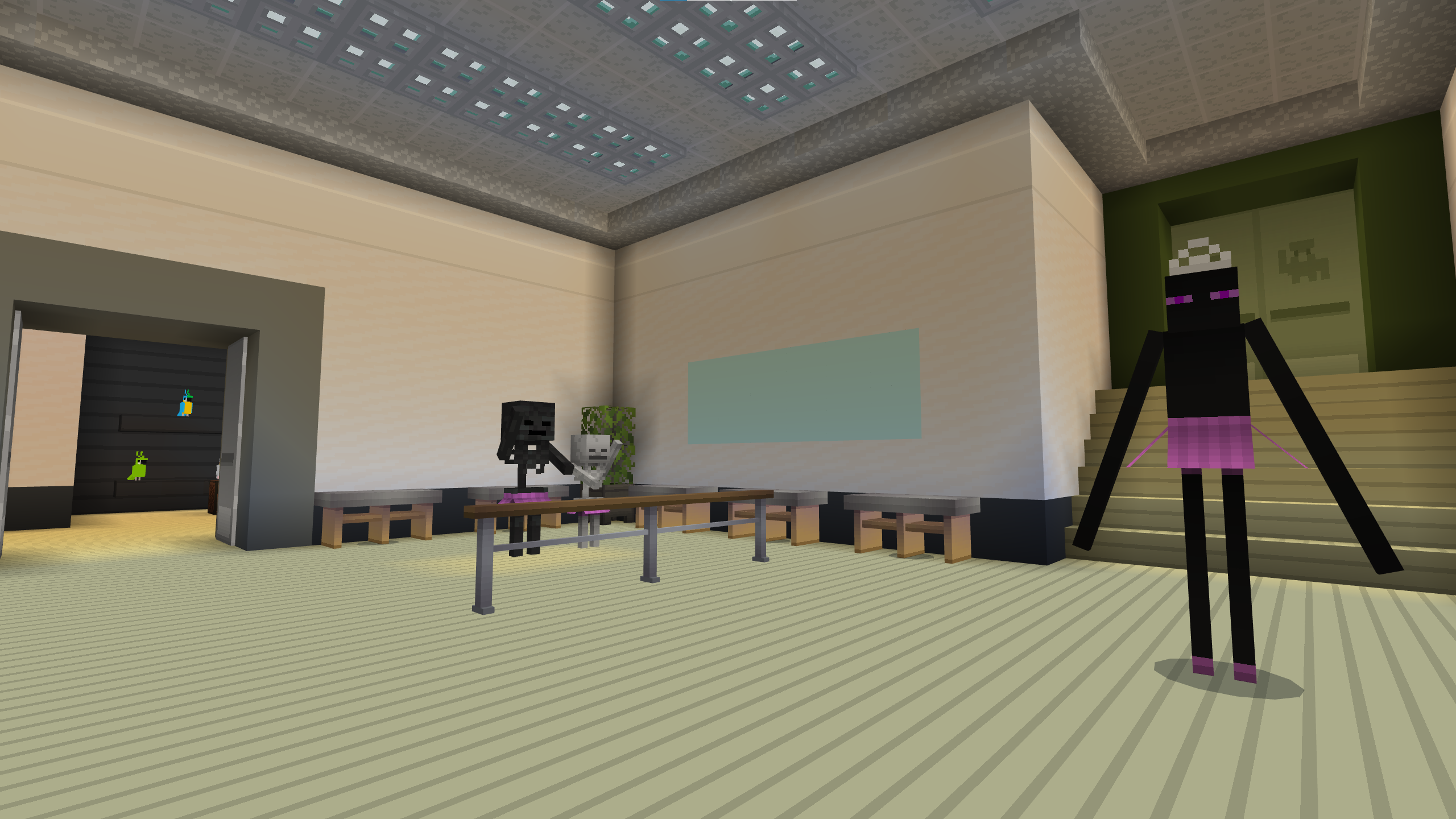 Learning a Dance A minecraft screenshot of a tall black endermen and two skeletons in a dance studio, all wearing tutus