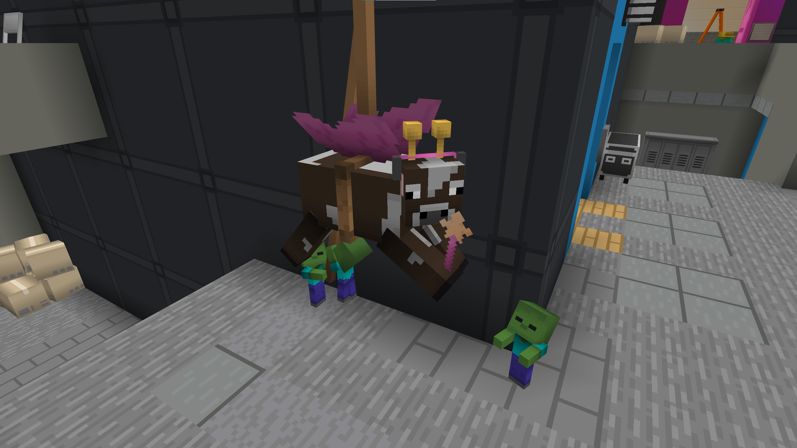 Backstage Gags A Minecraft screenshot of several baby zombies struggling to pull a rope to hoist a cow wearing a tutu, wings, and tiara above the stage.