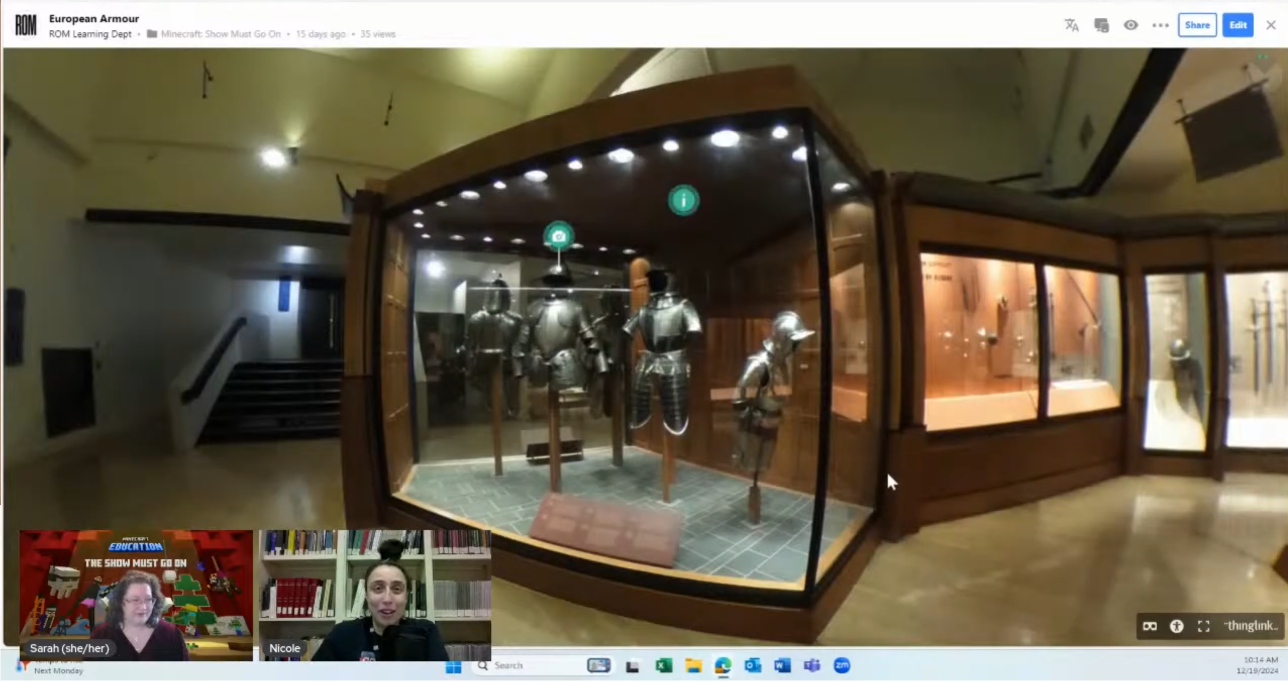 Making Connections A screenshot of a lesson broadcast. in the bottom right corner are two female presenters. On the main screen is a 360 image of a gallery containing suits of armour.