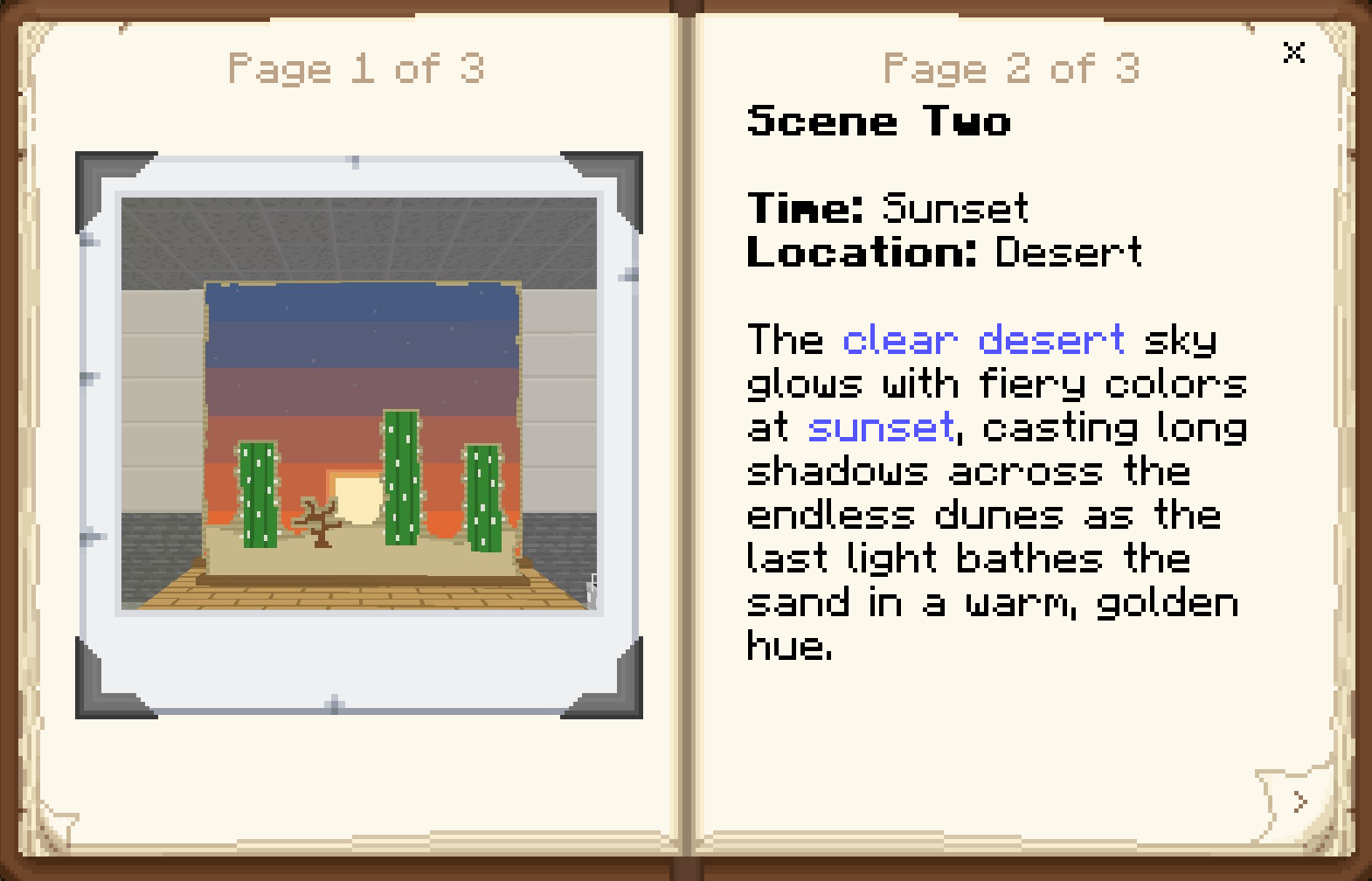 Matching Sets to Scenes A minecraft screenshot showing a book. On the left page is a polaroid of a painted cardboard set showing a desert, cacti, and a sunset backdrop. On the right is text describing the scene, with key scene elements highlighted in blue