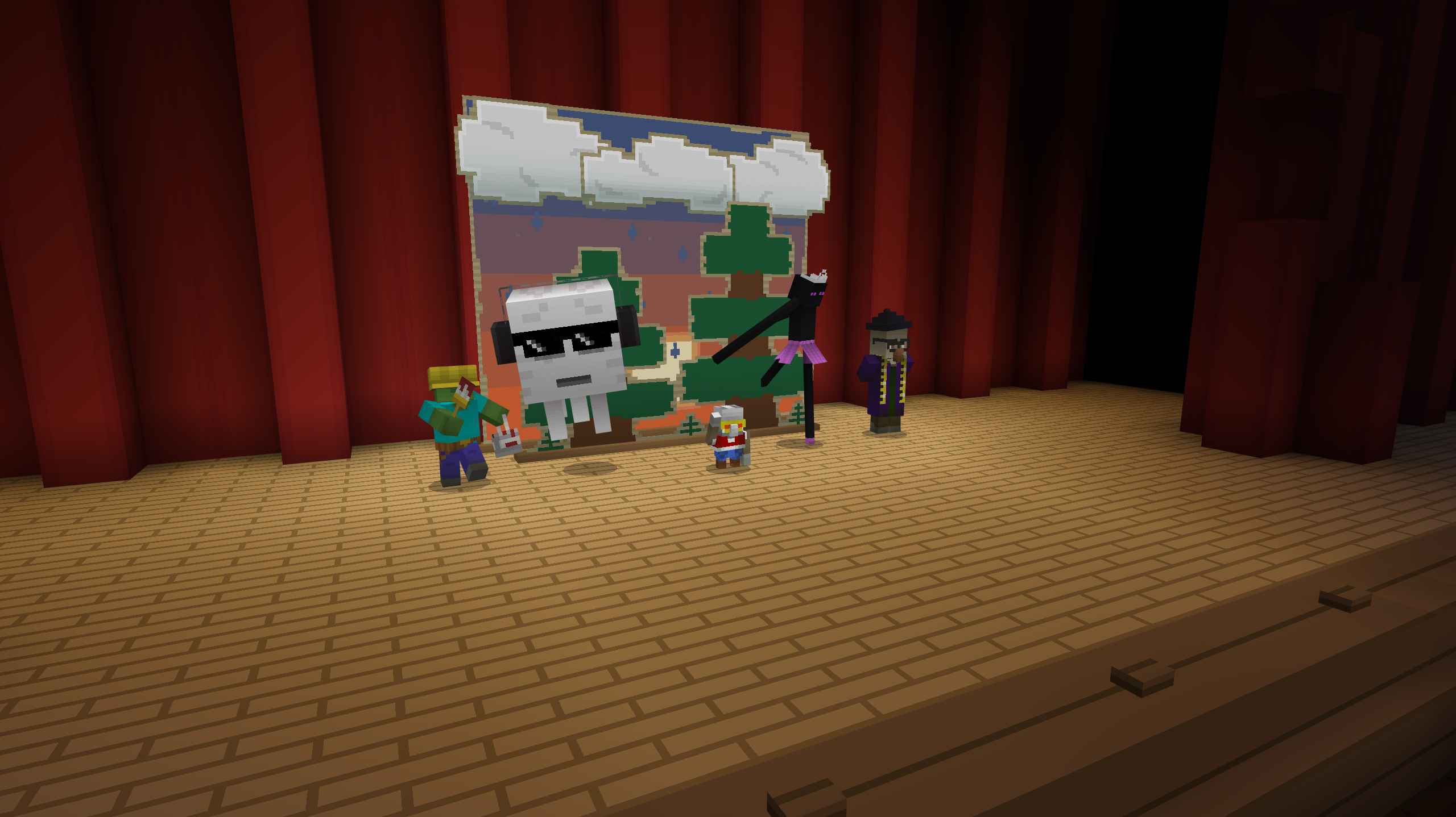 The Big Show A minecraft screenshot of a small robot standing on a stage, wearing costumes and dancing before a painted backdrop. Acting as backup dancers to the robot are a zombie in a construction helmet, an enderman with a tiara and tutu, a witch with glasses and a measuring tape, and a ghast with sunglasses and headphones.