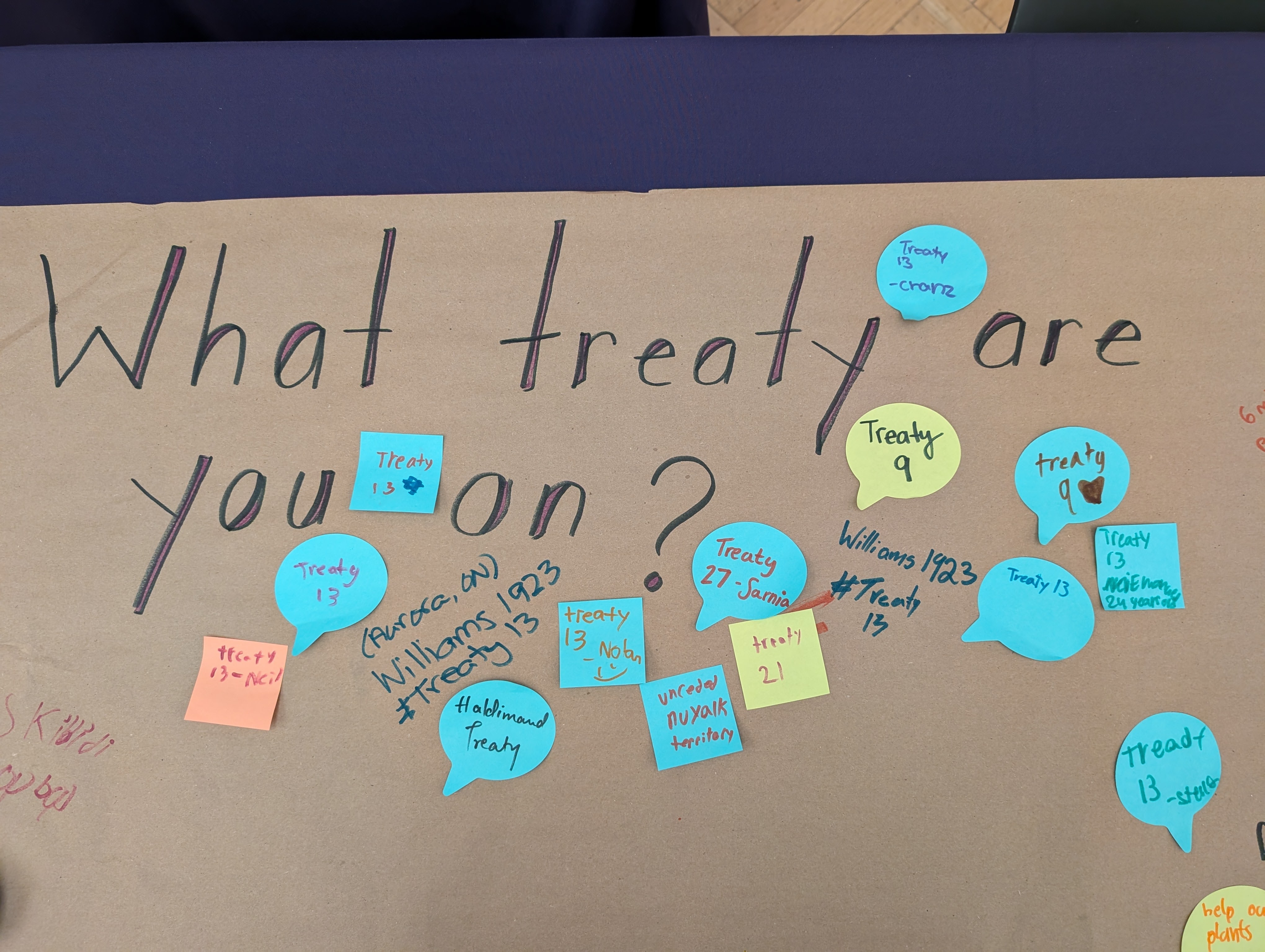 What treaty are you on? A large piece of paper that says "what treaty are you on?" covered in post-its of responses