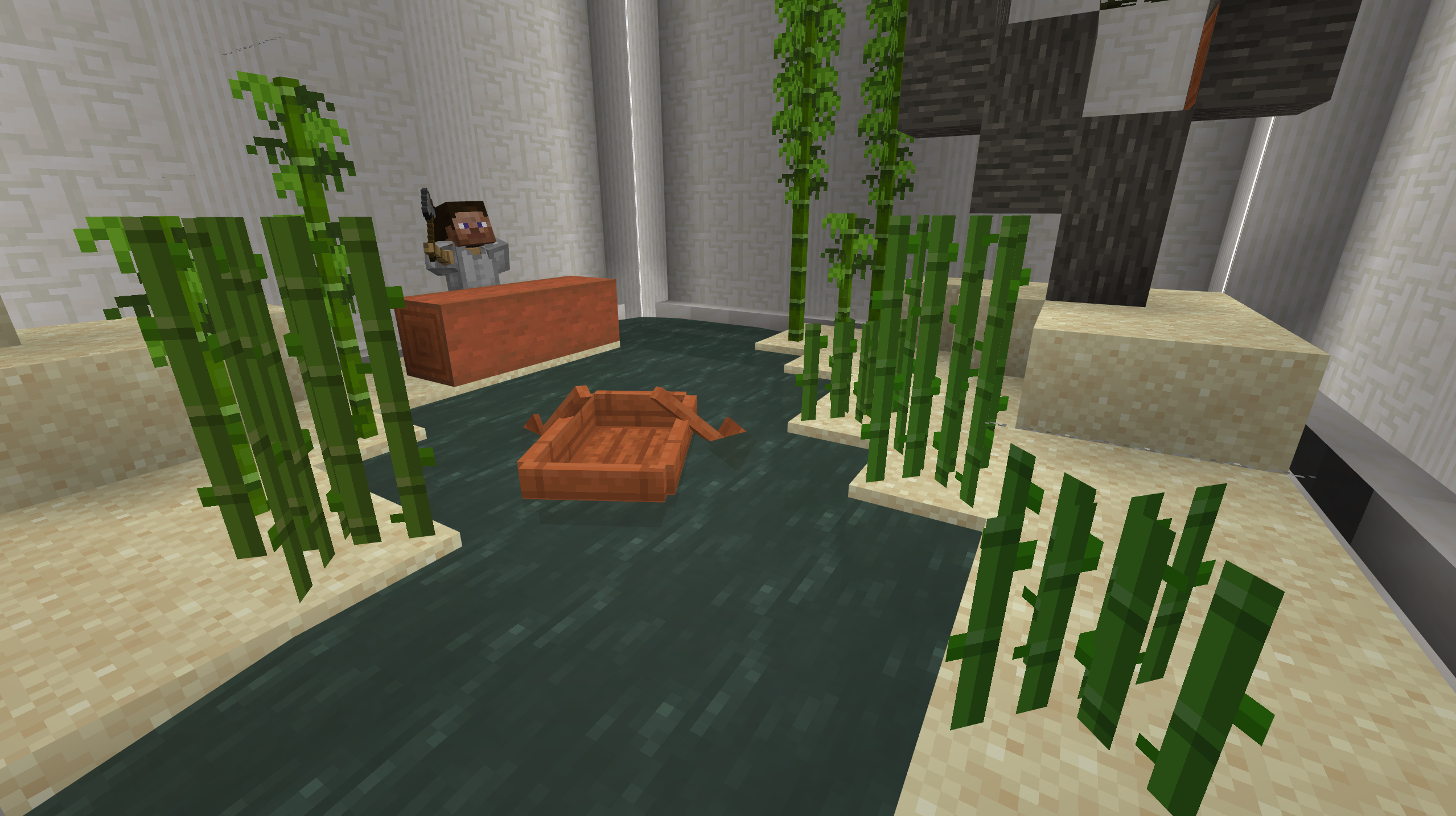 A Minecraft screenshot of a figure holding an axe next to a large log on a riverbank. A boat floats on the river next to him.