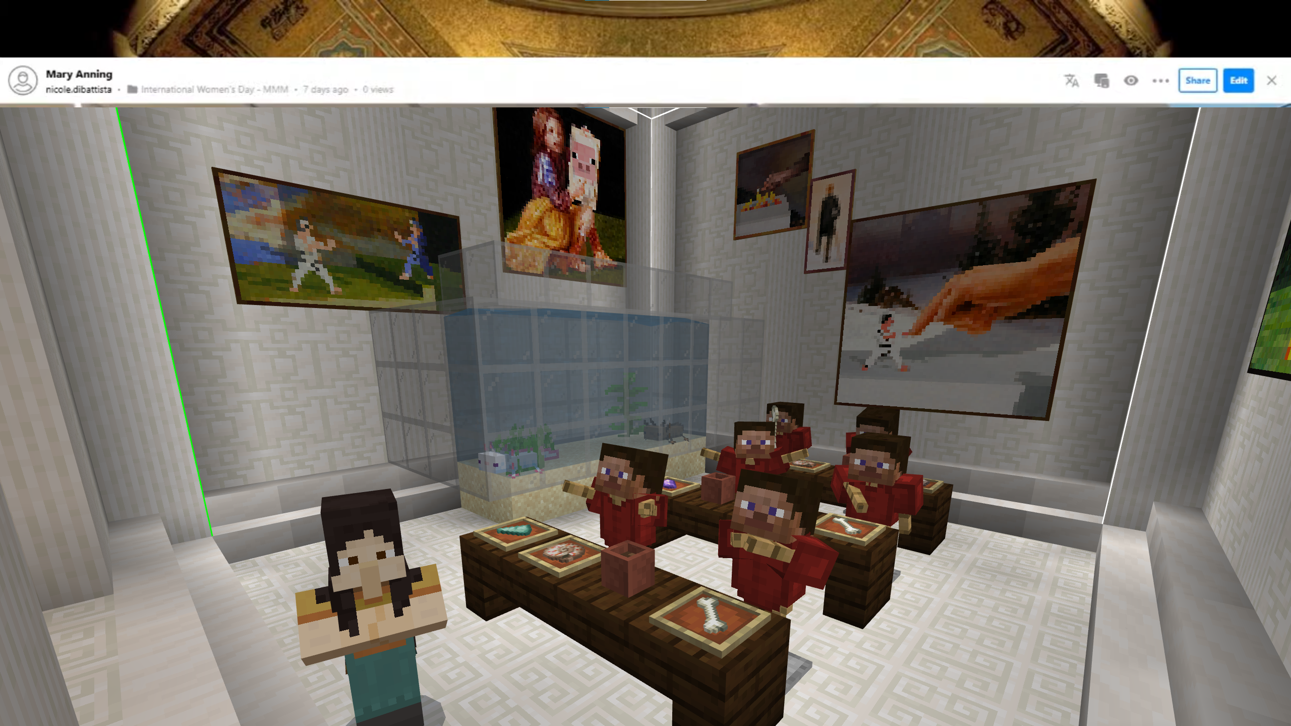 A Minecraft screenshot of a classroom. An aquarium sits on one wall. Students examine fossils, minerals, and pots on tables. A teacher stands at the front of the room.